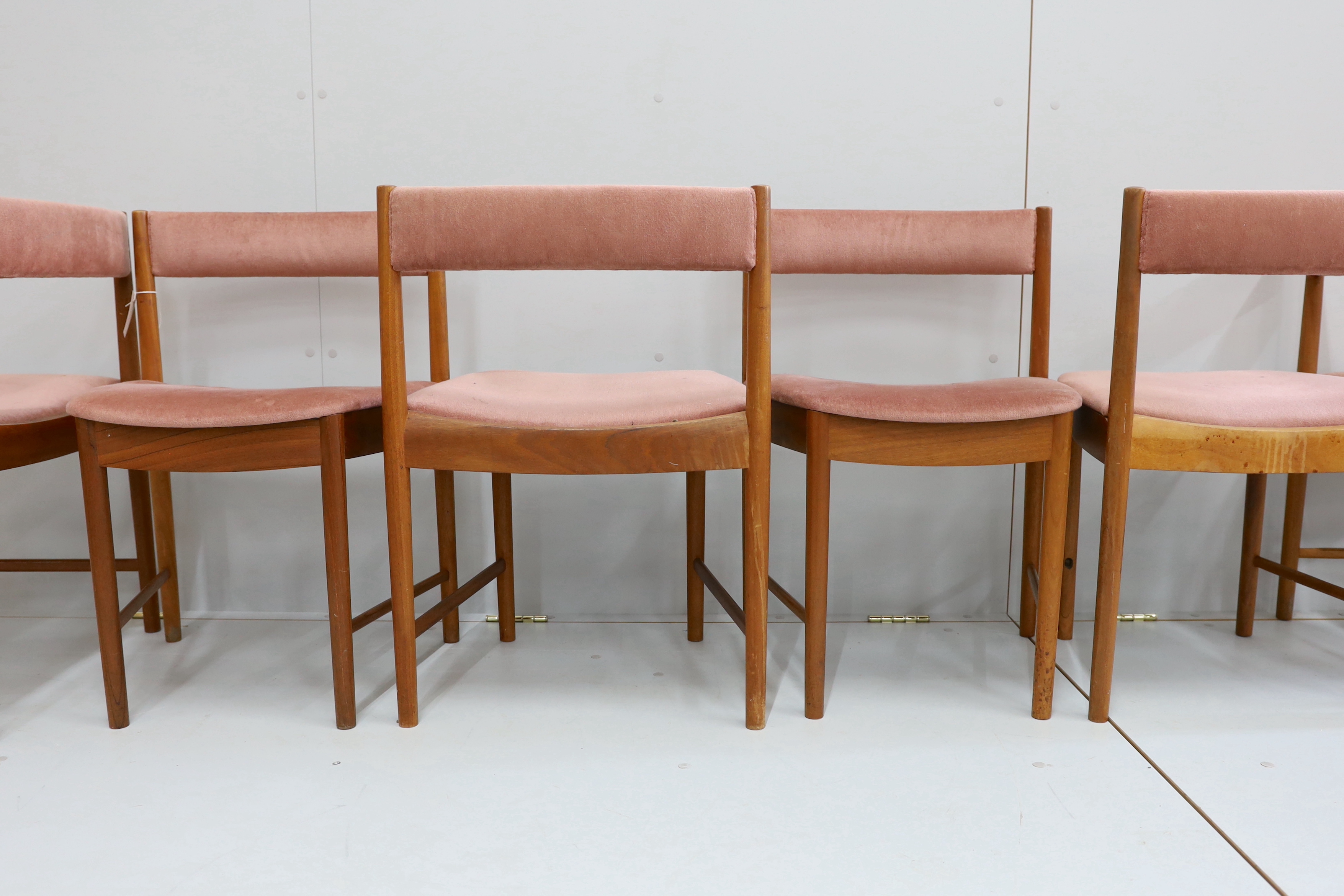 A set of six mid century teak dining chairs, width 49cm, depth 41cm, height 71cm